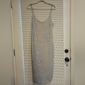 Charlotte Russe Baby Blue Lace Midi Slip Dress with beige slip